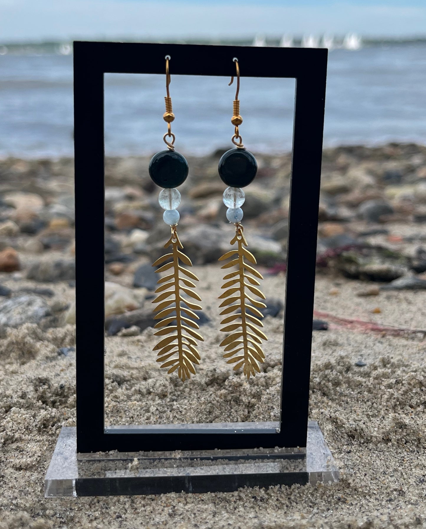 Bloodstone and Aquamarine Feather Earrings