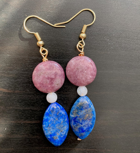 Lepidolite and Lapis Lazuli geometric dangles